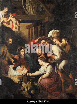 Dieses Gemälde aus dem 18. Jahrhundert eines Anhängers von Peter Paul Rubens repräsentiert die Geburtsszene mit Hirten, die den neugeborenen Christus verehren. Das Werk ist inspiriert von Rubens' Original aus dem Jahr 1619, wobei der Schwerpunkt auf religiöser Hingabe und emotionalem Ausdruck liegt. Stockfoto
