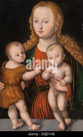 Dieses Gemälde, das der Werkstatt von Lucas Cranach dem Älteren zugeschrieben wird, stellt die Jungfrau und das Kind mit dem Säugling Johannes dem Täufer dar. Er wurde um 1520–1530 geschaffen und veranschaulicht Cranachs charakteristischen Ansatz für religiöse Darstellungen, indem er symbolische christliche Themen mit Stilelementen der Renaissance verbindet. Stockfoto