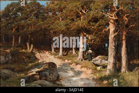 *Woman in the Woods* (1875) von Berndt Lindholm zeigt eine einsame Frau, die durch einen Wald geht und die Beziehung zwischen Mensch und Natur zeigt. Das Gemälde unterstreicht Lindholms Liebe zum Detail sowohl in der Figur als auch in der natürlichen Umgebung. Stockfoto