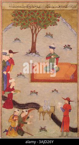 Diese Szene aus der 1436 entstandenen Zafarnama des Ibrahim Sultans zeigt Timur, der 1398 seine Eroberung Delhis feierte. Das Kunstwerk spiegelt den historischen Triumph und die Pracht der timuridischen Kunst wider. Stockfoto