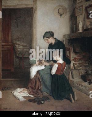 „Abendgebete“ von Pierre Edouard Frère, gemalt 1857, zeigt eine heitere Szene des Gebets in der Abenddämmerung. Dieses im Rijksmuseum untergebrachte Öl-on-Tafelwerk zeigt Frère’ Aufmerksamkeit für intime, hingebungsvolle Momente. Stockfoto