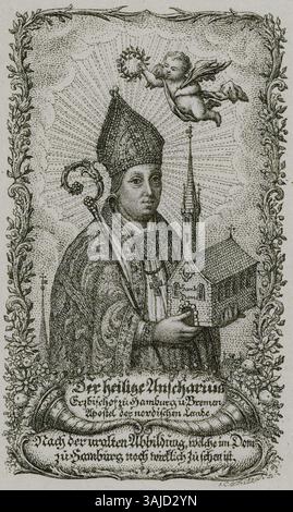 Der Kupferstich des Heiligen Ansgar mit dem Titel „der heilige Anscharius“ wurde 1778 von Johann Caspar Patenti und Johann Christian Gottfried Fritzsch erstellt. Dieses historische Porträt ist Teil der Staats- und Universitätsbibliothek Hamburg. Stockfoto
