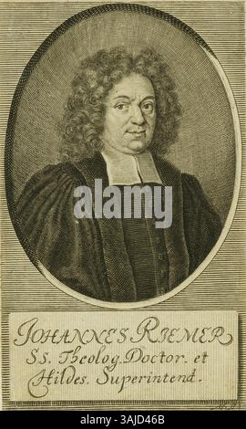 Der Kupferstich zeigt Johannes Riemer, eine prominente Figur, dargestellt in einem Kupferporträt. Das Bild zeigt seine formale Kleidung und zeigt einen aufwändigen Gravur von Martin Friedrich Bernigeroth. Stockfoto