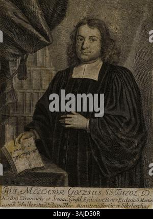 Kupferstich von Johann Melchior Goeze in der Staats- und Universitätsbibliothek Hamburg. Dieses historische Porträt zeigt den Gelehrten und Theologen. Stockfoto