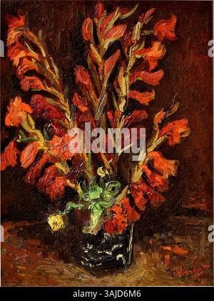 Vincent van Goghs „Vase with Red Gladioli“ (1886) ist ein Stillleben mit leuchtenden roten Gladiolen-Blüten in einer Vase. Das in Öl auf Leinwand gemalte Stück ist vom Künstler signiert und gehört zu einer Privatsammlung. Stockfoto