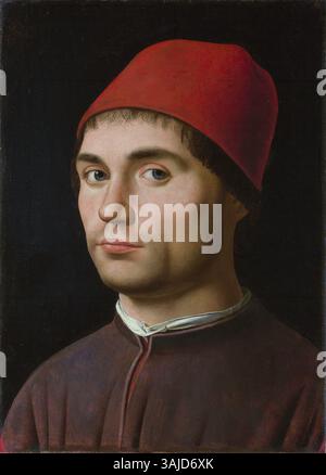 Dieses Porträt von Antonello da Messina von 1475 bis 1476 zeigt einen namenlosen Mann, der in Öl auf Pappelholz gemalt ist. Das Gemälde ist Teil der Sammlung der Nationalgalerie und zeigt italienische Renaissanceporträts. Stockfoto