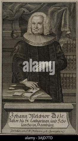 Kupferstich von Johann Melchior Goeze von Johanna Dorothea Philipp, Teil der Sammlung der Staats- und Universitätsbibliothek Hamburg, Carl von Ossietzky. Das Porträt erfasst Goeze mit detailreicher Präzision. Stockfoto