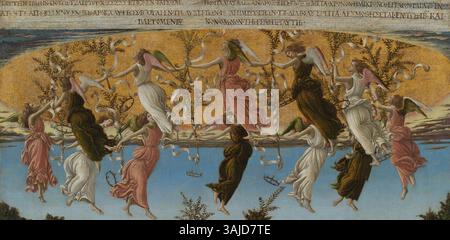 Mystic Nativity von Sandro Botticelli, gemalt 1500, zeigt die Geburt Christi. Das Kunstwerk zeigt das Christkind mit Maria, umgeben von religiösem Symbolismus. Es ist ein Ölgemälde auf Leinwand, das in der National Gallery ausgestellt wird und Botticellis charakteristische Verwendung lebendiger Farben und detaillierter Figuren in der religiösen Kunst zeigt. Stockfoto