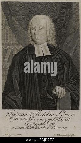 Kupferstich von Johann Melchior Goeze von Johann Martin Bernigeroth und Fröling in der Staats- und Universitätsbibliothek Hamburg Carl von Ossietzky. Das Porträt bietet eine detaillierte Darstellung von Goeze. Stockfoto