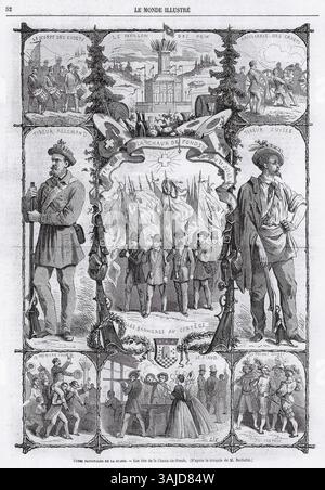 Eine Illustration der TIR Federal Veranstaltung 1863 in Chaux-de-Fonds, die in Le Monde illustré gezeigt wurde und Szenen aus dem Wettbewerb aufzeichnet. Stockfoto