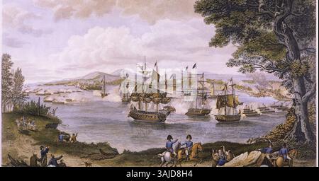 Gravur von Benjamin Tanner aus einem Gemälde von Hugh Reinagle, das Commodore Macdonoughs Sieg auf dem Lake Champlain und General Macombs Niederlage der britischen Armee bei Plattsburg am 11. September 1814 darstellt. Das Kunstwerk beleuchtet den entscheidenden Moment im Krieg von 1812. Stockfoto