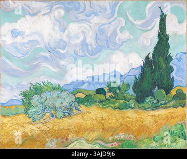 Vincent van Goghs „A Wheatfield, with Cypresses“, das im September 1889 gemalt wurde, ist ein lebendiger Ausdruck der Natur und zeigt die legendären Zypressen vor einem Weizenfeld. Dieses Öl auf Leinwand spiegelt van Goghs postimpressionistischen Stil und seine emotionale Intensität wider. Stockfoto
