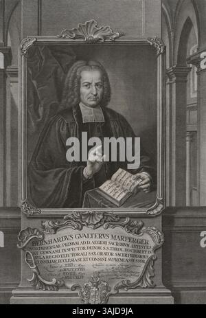 Ein weiteres Kupferstichporträt von Bernhard Walter Marperger, geschaffen von Johann Wilhelm Windter und Christian Benjamin Müller, in der Staats- und Universitätsbibliothek Hamburg. Stockfoto