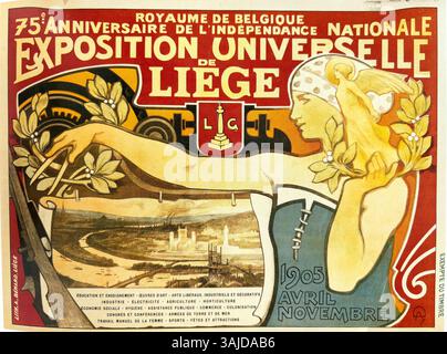 Farblithographie von Auguste Donnay, die die Ausstellung der Weltausstellung Lüttich 1905 darstellt. Das Stück misst 74 x 100 cm und ist im Musée de la Vie Wallonne untergebracht. Stockfoto