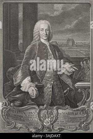 Dieser Kupferstich von Johann Wilhelm Windter und Gabriel Müller aus dem Jahr 1760 zeigt Bernhard Walter Marperger. Sie ist Teil der Hamburger Staats- und Universitätsbibliothek Carl von Ossietzky, die Porträtkunst des 18. Jahrhunderts illustriert. Stockfoto