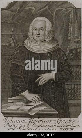 Kupferstich von Johann Melchior Goeze von Johann Christoph Sysang aus der Sammlung der Staats- und Universitätsbibliothek Hamburg Carl von Ossietzky. Das Porträt zeigt Goeze im klassischen Gravurstil. Stockfoto