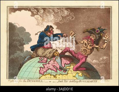 James Gillrays satirischer Stich „Fighting for the Dunghill – or – Jack Tar Settling Buonaparte“ aus dem Jahr 1798 stellt Napoleon Bonaparte in einem komischen Licht dar und zeigt britische Seeleute in einem Scheinkampf. Die Gravur ist ein politischer Kommentar, der Napoleon und die politische Situation der Zeit mit Humor kritisiert. Stockfoto