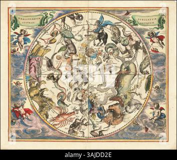 Eine Himmelskarte aus dem Jahr 1660 von Andreas Cellarius, die die Sternbilder der südlichen Hemisphäre zeigt. Stockfoto