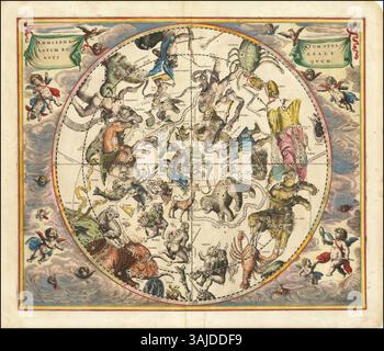 Diese Himmelskarte von Andreas Cellarius aus dem Jahr 1660 zeigt die Konstellationen der nördlichen Hemisphäre, überlagert auf der südlichen Hemisphäre der Erde. Die Karte zeigt die Ausrichtung der Himmelskörper in beiden Hemisphären. Stockfoto