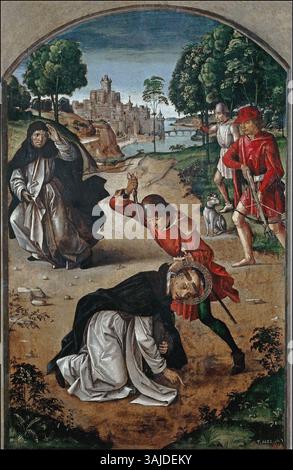 Pedro Berruguetes Gemälde „der Tod des heiligen Peter Martyr“ (1493–1499) zeigt den Mord an dem Dominikanerbrüder St. Peter von Verona. Dieses Öl-auf-Tafelstück ist Teil der Sammlung Museo del Prado und ist ein wichtiges Werk religiöser Kunst aus der spanischen Renaissance. Stockfoto