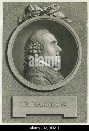 Ein Kupferstich-Porträt von Johann Bernhard Basedow, erstellt von Johann Friedrich Bause 1740. Das Porträt befindet sich in der Staats- und Universitätsbibliothek Hamburg. Stockfoto