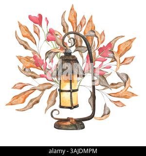 Aquarelllaterne mit Blättern. Handgezeichnete Illustration isoliert auf weißem Hintergrund. Für Herbstkarten, Einladungen, Web, Druck, Aufkleber. Stockfoto