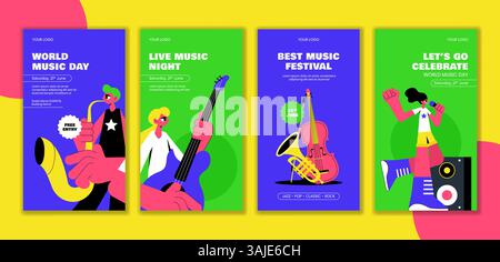 Illustration der Geschichten zum Weltmusiktag in sozialen Medien mit flachem Cartoon und festlichem Hintergrund Stock Vektor