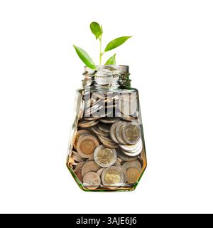 Pflanze wächst aus Münzen im Glasgefäß. Pflanze wächst aus Münzen in Glasgefäß isoliert auf weißem Hintergrund. Investitions- und Zinskonzept. Clipping p Stockfoto