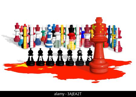 Schach aus EU-Mitgliedstaaten und China-Flaggen. Handel, Zölle, Zölle und Zollkrieg in Europa und China Stockfoto