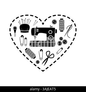 Nähausrüstung und genähtes Herz. Stockfoto
