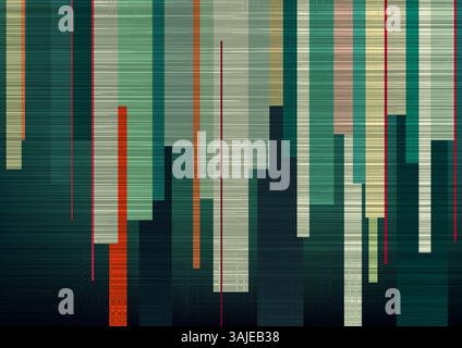 Strukturiertes abstraktes Hintergrundmuster mit vertikalen Streifen in gedämpftem Petrol, Orange und Beige, die an eine Retro- und Glitch-Kunstästhetik erinnern. Moderner Hintergrund Stock Vektor