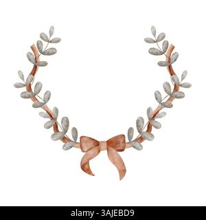 Aquarellkranz Illustrationen rote Schleife, Bänder, Blätter, Äste, Pflanzen. Vintage-Rahmen im Retro-Stil auf Hintergrund, Vorlage für Karten Stockfoto