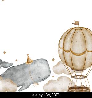Aquarellrahmen Pottwale, cachalot, Wolken, Ballons, Traumfliegen im Himmel. Handgezeichnete Illustration im Vintage-Stil. Vorlage für untergeordnete Konstruktionen Stockfoto