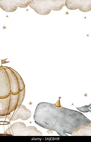 Aquarellillustration Pottwale, cachalot in beigen Wolken, Heißluftballon, fliegen in den Himmel. Handgezeichneter Rahmen im Vintage-Stil. Vorlage für Stockfoto