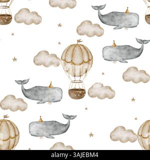 Aquarellmuster Illustration Vintage grauer Pottwal, Ballons fliegen in den Wolken. Nahtlos gedruckter Hintergrund im Cartoon-Stil für Kinder Stockfoto