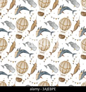Aquarellmuster Illustration Vintage Wale in Partyhut, Girlande, Ballon. Nahtloser Druck auf isoliertem Hintergrund im Cartoon-Stil für Kinder Stockfoto