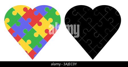Autismusherz. Vektorset von Herzen aus Puzzles isoliert vom Hintergrund. Kollektion aus buntem und schwarzem Herz aus Lernspielen. Stock Vektor