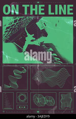 Poster. Konzeptdesign. Freistil-Tänzer, die Wandtricks in Grüntönen vorführen, umgeben von verzerrter Topographie und klanglich inspirierten Grafiken Stockfoto
