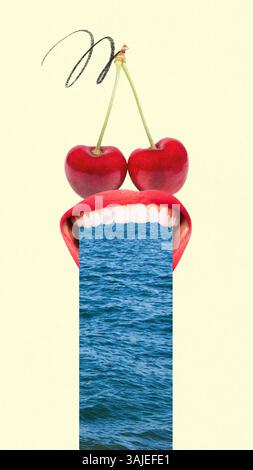 Der offene weibliche Mund mit Kirschaugen verschlingt den Meeresstrom in surrealen vertikalen Ausschnitten. Lustiges und skurriles Design für den Sommer. Zeitgenössische Kunstcollage. Stockfoto