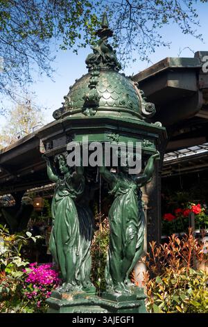 Frankreich, Paris, Ile de la Cite, Wallace-Brunnen, historische Pariser Trinkwasserversorgung auf dem Blumenmarkt Stockfoto