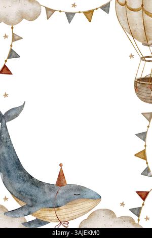 Rahmen Aquarell Illustration Vintage Blauwal, Heißluftballon, Wolken, Girlande. Rechteckige Vorlage für Kinderkarten und Poster Stockfoto