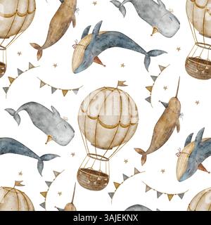 Muster Blauwal, Narwal, Pottwale in Partymütze, Girlande, Ballon. Aquarellillustration handgezeichnet auf Hintergrund für nahtlosen Druck, Textil Stockfoto