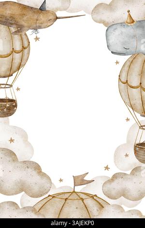 Aquarellillustration Narwal, Pottwale in beigen Wolken fliegen mit Ballons, Derringer. Rahmen handgezeichnet in Vintage-Farbe. Vorlage für Stockfoto