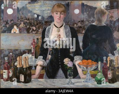 „A Bar at the Folies-Bergère“ (1881-1882) von Edouard Manet ist eine ikonische Darstellung des Pariser Nachtlebens, mit einer Barfrau im Folies-Bergère im Vordergrund. Das Gemälde fängt das komplexe Zusammenspiel von Reflexion und Licht ein. Stockfoto