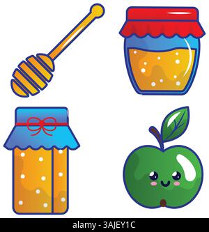 Rosh Hashanah Set von linearen Vektorsymbolen auf weißem Hintergrund Stock Vektor