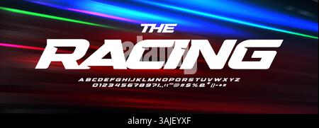 Moderne Racing-Schriftart Mit Speed Lines Effekt Auf Rot, Blau, Neonlicht Hintergrund. Auffälliges Sport-Alphabet Für Auto, Motorsport, Spiel-Logo, Poster Oder Stock Vektor