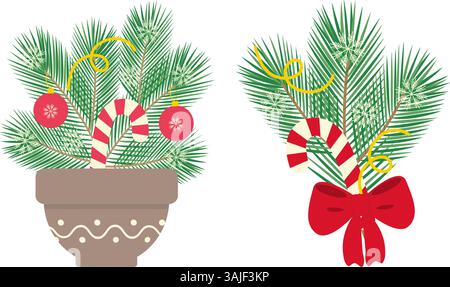 Weihnachtsbaumzweige gestreifte Candy Cane Neujahrskugeln Komposition im Blumentopf und Bow Bindungs Set. Isolierte Vektor-Illustration Neujahrsgruß Thematische Karten, Poster oder Web Promo Banner, Faltblatt Stock Vektor
