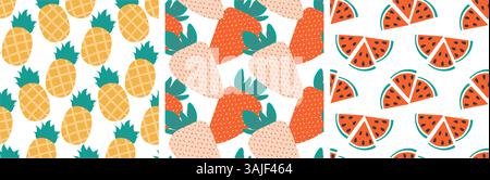 Ganze Ananas Erdbeere Wassermelone dreieckige Scheiben mit Seed Seamless Pattern Set Summer Fond. Isolierte Vektor-Illustration Hintergrundbild Thematische Karten, Web-Werbebanner, Broschüren, Preisschild, Etiketten Stock Vektor