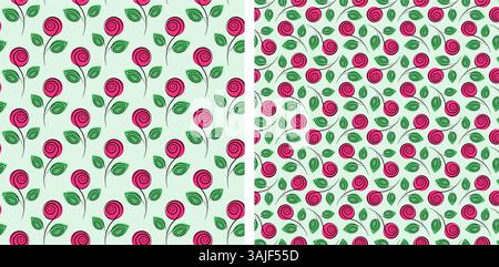 Hand gezeichneter Blüten-Rose-Blumenmuster-nahtloser Frühling-Hintergrund im trendigen bunten Tint-Set. Isoliertes Vektordesign Wrapping Wallpaper Thematische Karten oder Web Promo Banner, Faltblätter, Etiketten, Tag Stock Vektor