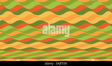 Farbenfroher Hintergrund mit Wellenmuster. Farbenfroher Hintergrund mit einer Reihe von wellenförmigen Linien in warmen Orange-, Gelb- und Grüntönen. Stockfoto